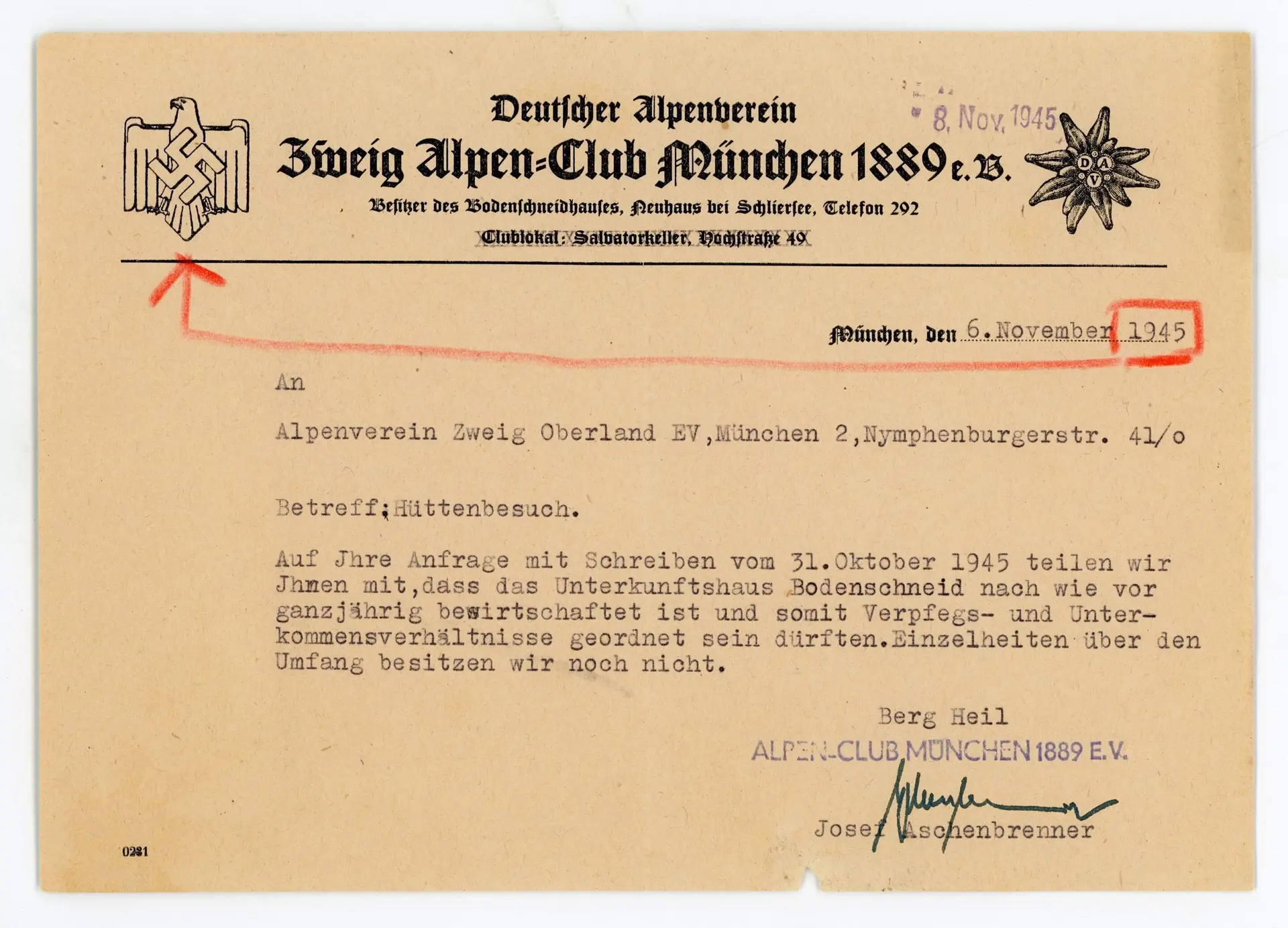 Briefkopf des Alpenvereins war ein halbes Jahr nach dem offiziellen Kriegsende noch mit Hakenkreuz versehen. | © DAV-Archiv